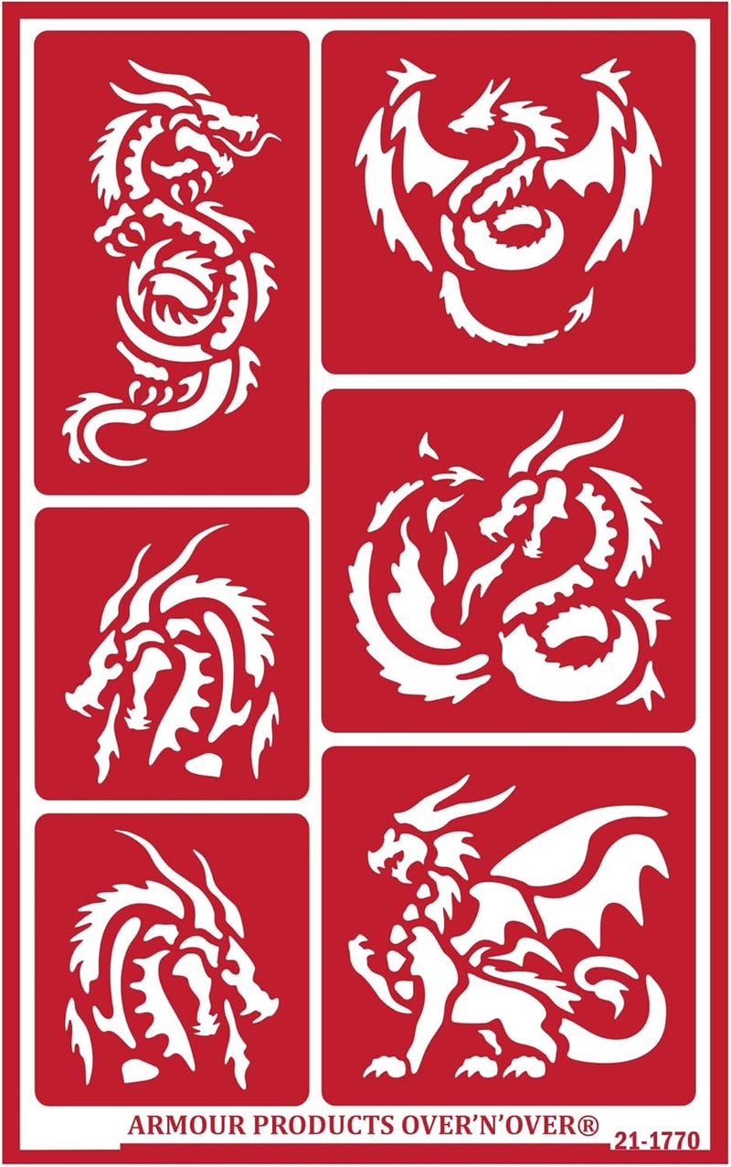 Over n Over Over'N'Over Reusable Glass Etching Stencils – Durable Self-Stick Designs for Glass, Mirrors, and Ceramics with Armour Etch Cream – 5” x 8” Stencil Sheet - Dragons - Image 1